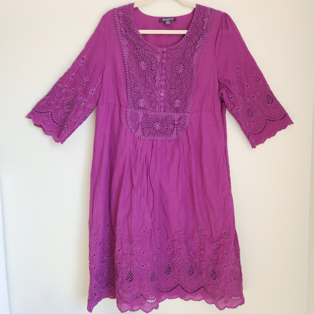 Roaman's 18W Purple Cotton Lace Popover Midi Dress Eyelet Design 100% Cotton